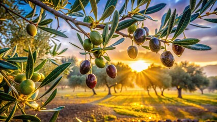 Ripe olives glisten in morning dew, nestled among gnarled branches and rustling leaves, as the sun rises over a serene Mediterranean olive grove landscape.