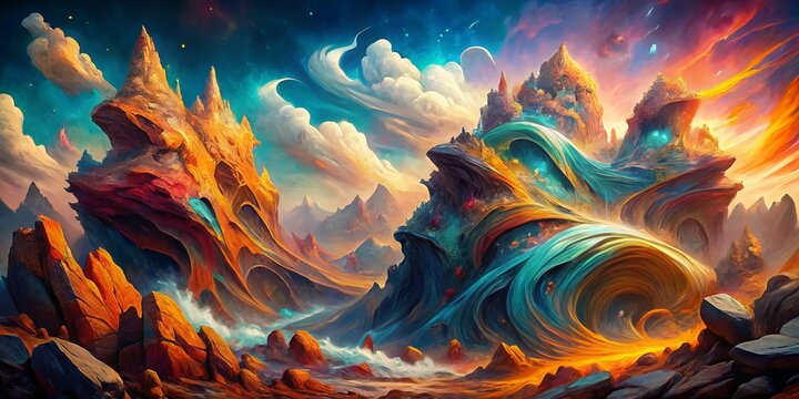 Abstract Rock Symphony: Intense hues, swirling forms, jagged edges conveying a chaotic yet harmonious energy.