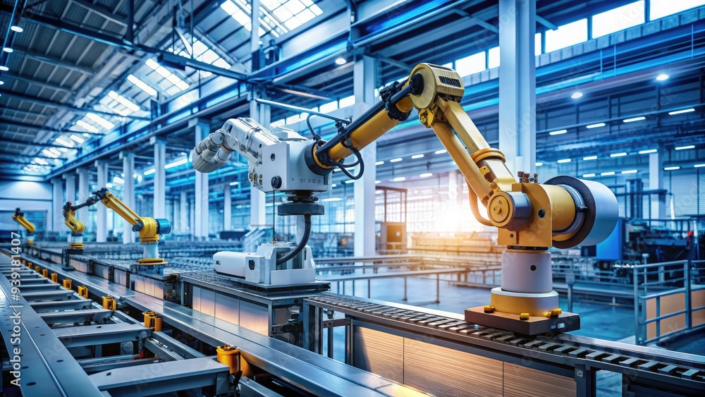 Poster robotic arm assembles electronic components on a futuristic factory floor, representing the intersec