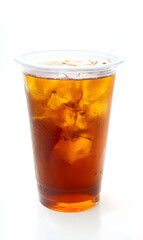 Cold tea drink in plastic cup isolated on white background
