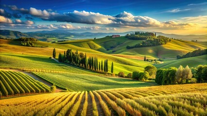 Fototapeta premium Rolling hills of golden wheat and green vineyards stretch towards the horizon under a bright blue sky in the picturesque Italian countryside of Tuscany.