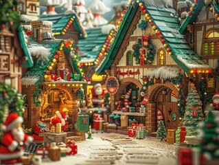 Fototapeta premium Festive Christmas village with snow-covered houses, decorated trees, and Santa Claus preparing gifts in a magical winter scene.