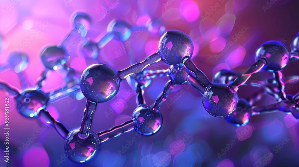 Poster abstract 3d rendering of a molecule structure with pink and blue bokeh background.