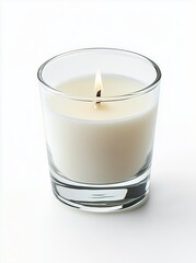 White candle in a glass container, isolated on a white background