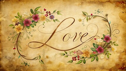 Romantic handwritten script "love" surrounded by delicate flowers, vines, and flourishes on a distressed vintage paper background, conveying whimsical elegance and affection.