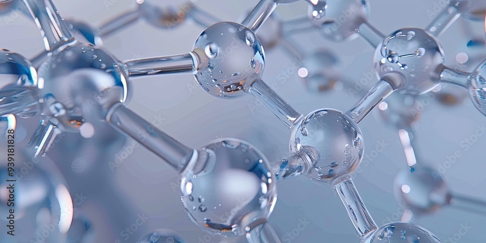 Poster close-up of a molecular structure model with transparent spheres and rods, illustrating the intercon