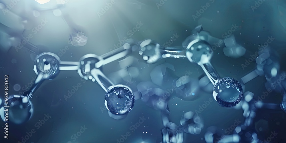 Poster abstract 3d rendering of a molecule with a blue background and bokeh effect.