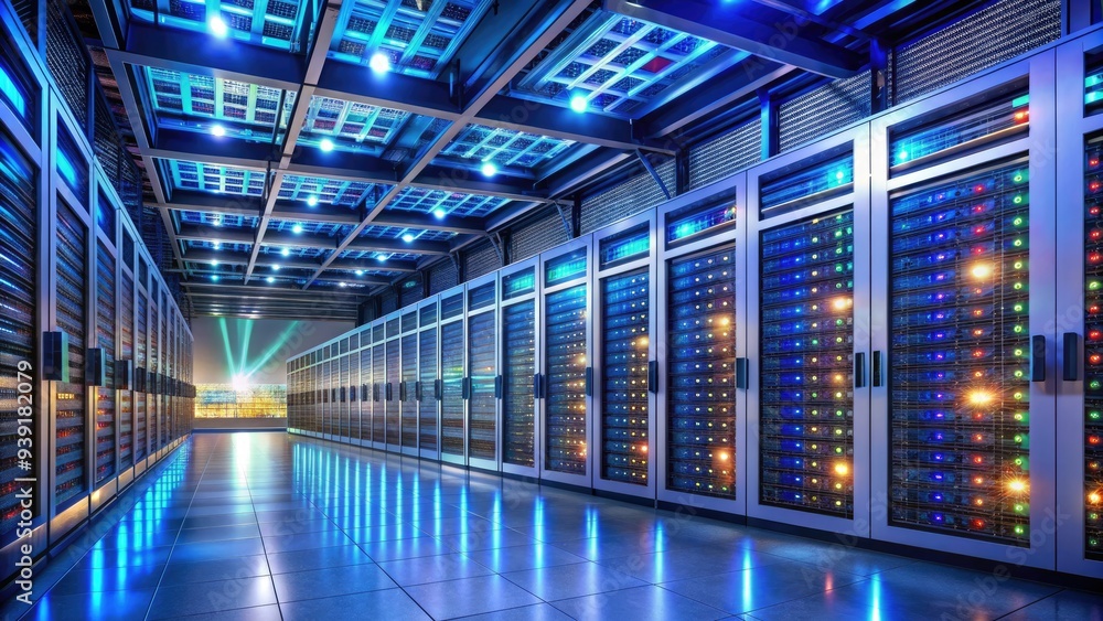Poster row of tall metal storage racks filled with rows of humming servers and data storage devices in a br