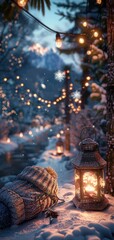 Winter wonderland scene with lanterns, snow-covered ground, and glowing lights along a peaceful stream at dusk.