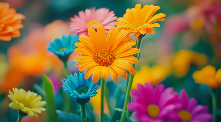 Obraz premium Vibrant pink daisy in a colorful field of wildflowers, isolated on a transparent background, celebrating nature. 