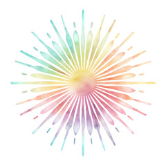 Obraz premium Pastel watercolor illustration of a sunburst design with rays extending in soft gradient colors. Perfect for creative and vibrant design projects. Isolated on transparent background, png.