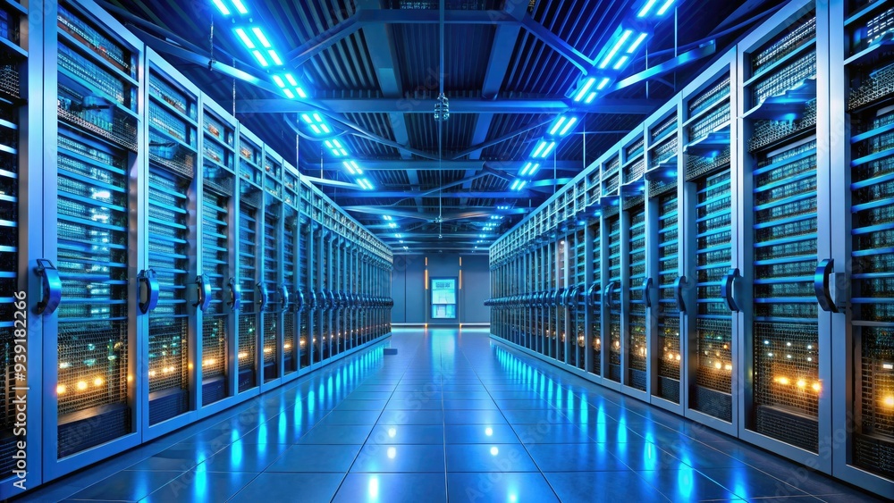 Poster rows of humming servers and blinking routers fill a modern data center, illuminated by soft blue lig