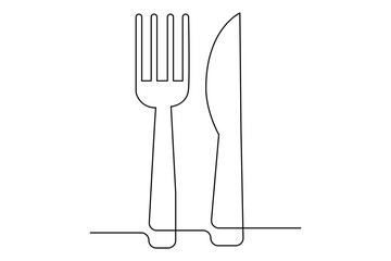 Continuous one line knife and fork outline vector art illustration