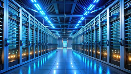 Obraz premium Rows of humming servers and blinking routers fill a modern data center, illuminated by soft blue lights, with cables and pipes lining the floor.