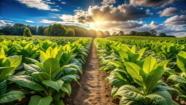 Rows of lush green tobacco leaves stretch towards the sky, carefully planted and tended in a fertile field under a warm sunny day.