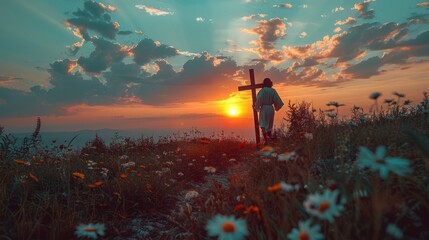 Obraz premium In a striking depiction of faith and history, a preacher carries a cross against a scenic backdrop, symbolizing the advent of Christianity on Earth.