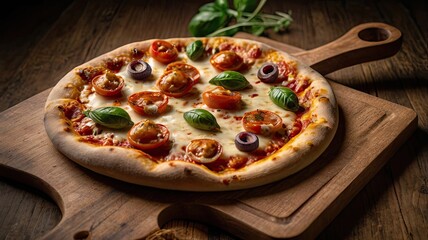 Close up of pizza with cherry tomatoes, mozzarella cheese, and basil on a wooden cutting board.