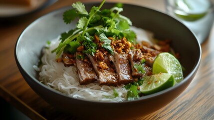 Beautifully Plated Bowl of Rice Noodles with Fresh Herbs,Lime,and Sliced Meat on Wooden Table