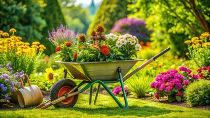 Rugged gardener's wheelbarrow filled with lush greenery and gardening tools sitting on a freshly manicured lawn amidst a backdrop of vibrant blooming flowers.
