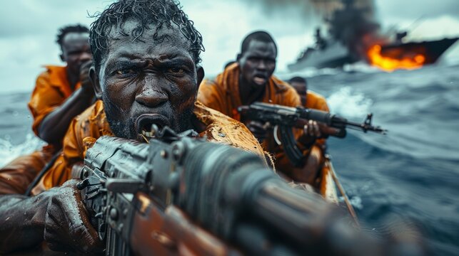 A terrifying display of rage and lawlessness is seen as African pirates, armed and dangerous, commandeer a ship.
