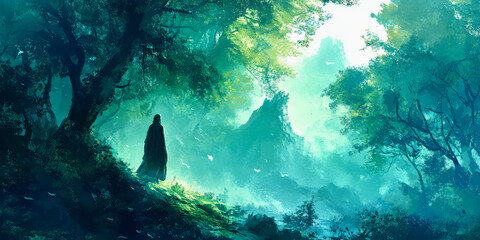 Fototapeta premium Enchanted Forest with Mysterious Cloaked Figure 
