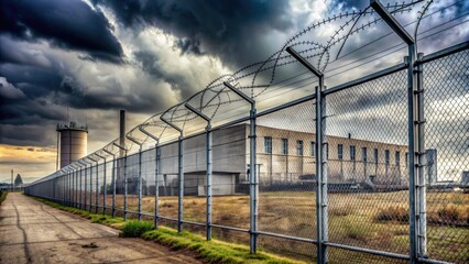 Rugged metal security fence with razor-sharp barbed wire coiled atop, protecting a mysterious industrial facility surrounded by a desolate, overcast landscape.