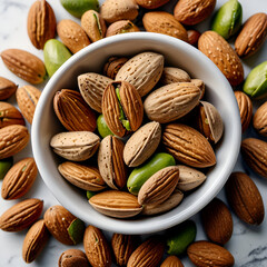 Bowl of mixed nuts almonds cashew pistachio, nuts and almonds, nuts in a wooden bowl white background