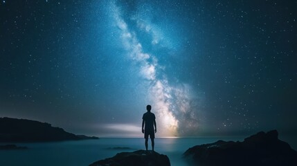 Fototapeta premium Solitary Figure Gazing at the Milky Way Over a Coastal Landscape