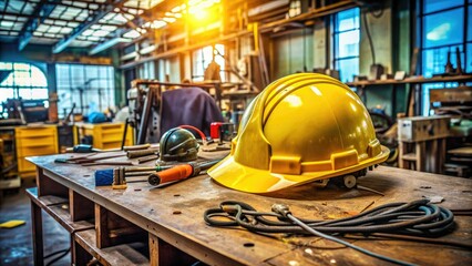 Rugged yellow hard hat perched on a cluttered workbench surrounded by scattered tools, wires, and construction equipment in a busy industrial workshop setting.