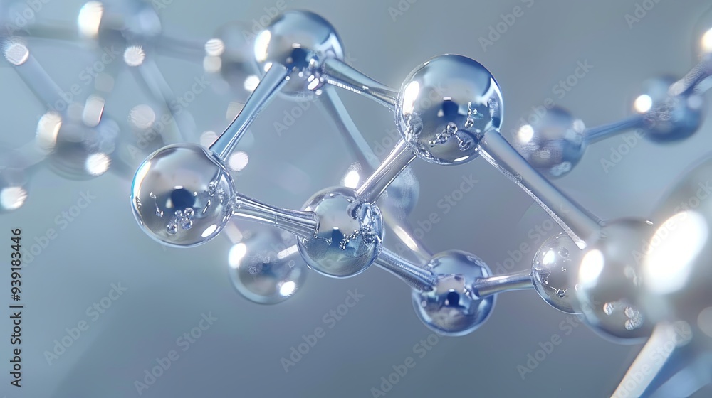 Poster abstract close-up of a metallic molecule model, showcasing its intricate structure with reflective s