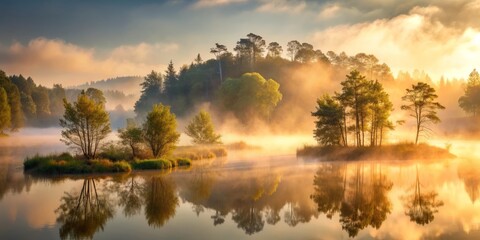 Fototapeta premium Atmospheric Haven: Hazy morning mist, ethereal light, soft shadows, muted palette, ethereal mood.