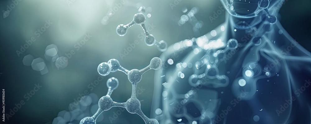 Poster abstract 3d rendering of a molecule with blurred background and bright light.