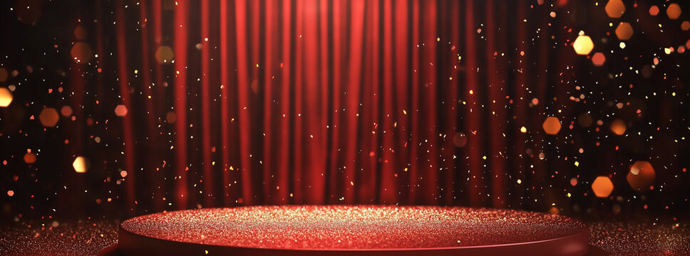 Red carpet stage with golden curtain on transparent background, ideal for glamorous event designs.

