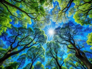 Fototapeta premium Azure Canopy Radiance: Brilliant blues and greens of a tree canopy, capturing the brilliance of nature.