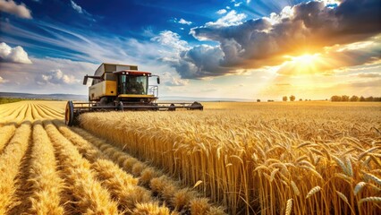 Obraz premium Rustic golden wheat fields stretch towards the horizon as a modern combine harvester efficiently gathers the ripe crop on a sunny summer afternoon.