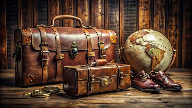 Rustic leather duffel bag and vintage suitcase surrounded by globe, maps, and adventure gear on a wooden floor, evoking a sense of exploration and wanderlust.