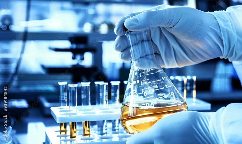 Poster a gloved hand holds a flask with liquid, a row of test tubes stands on a shelf in the background.