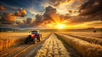 Fototapeta premium Rustic tractor drives through a golden field of grain at sunset, leaving a trail of disturbed earth and crops in its slow-moving wake.