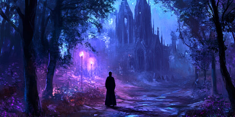 A dark, eerie forest with a glowing church in the background and a lone figure walking along a misty path at night.
