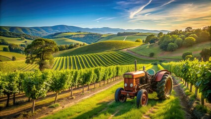 Obraz premium Rustic tractor parked among lush green vines in a sun-drenched vineyard, surrounded by rolling hills and a clear blue sky on a warm summer day.