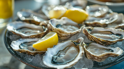 A plate of fresh oysters served on ice with lemon wedges