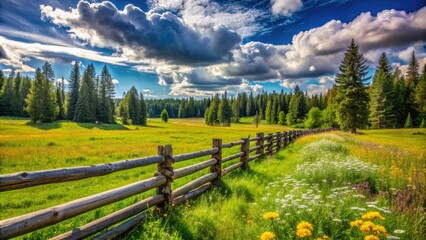Fototapeta premium Rustic wooden fence stretches across a lush green field, lined with wildflowers and towering trees, under a serene blue sky with puffy white clouds.