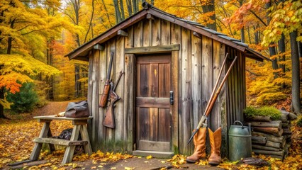 Rustic wooden shed surrounded by autumn foliage and scattered hunting gear, with a worn rifle leaning against the door, evoking a sense of rural adventure.