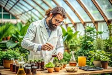 Botanical Alchemist: Scientist in a greenhouse, extracting essences from plants to create edible potions, earthy colors, natural concept