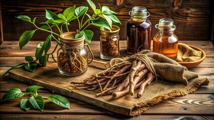 Rustic wooden table holds a bunch of freshly harvested sarsaparilla roots with leaves and dirt, surrounded by natural fabrics and vintage apothecary jars.