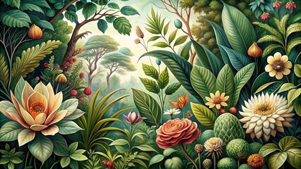 Obraz premium Botanical Rhapsody: Verdant landscapes, intricate leaves, blooming flowers, earthy tones, serene and organic