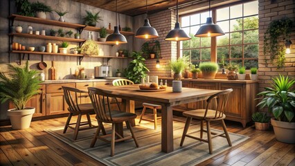 Obraz premium Rustic wooden table sits in the center of a cozy kitchen, surrounded by warm lighting, wooden chairs, and a few potted plants, evoking a sense of comfort.