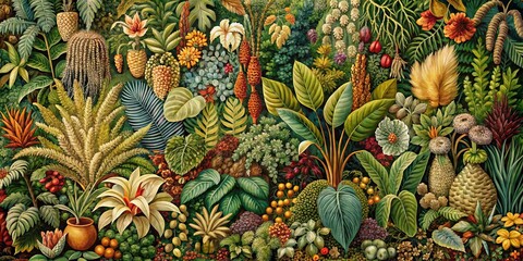 Obraz premium Botanical Tapestry: Lush, intricate, botanical patterns, warm colors, organic textures