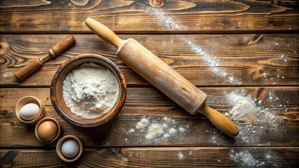 Rustic wooden table surface with a light dusting of flour, scattered with a few rolling pins and a bowl, evoking a cozy baking atmosphere.