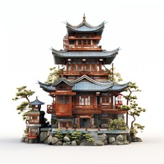 Naklejka premium A model of an Asian pagoda. Miniature building isolated on white background. Historical architecture. Buddhist temple